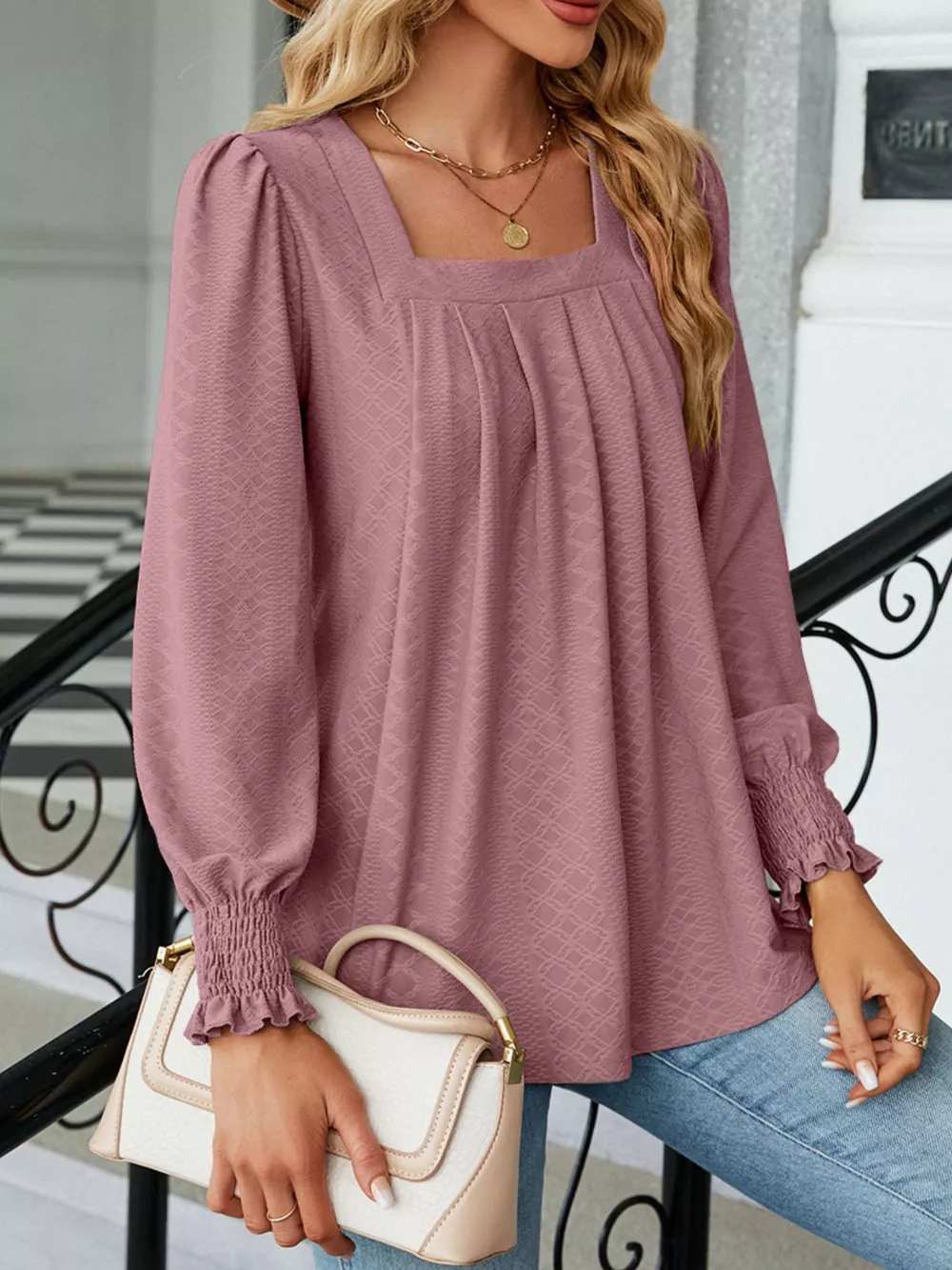 Pleated Square Neck Long Sleeve Top, image 21