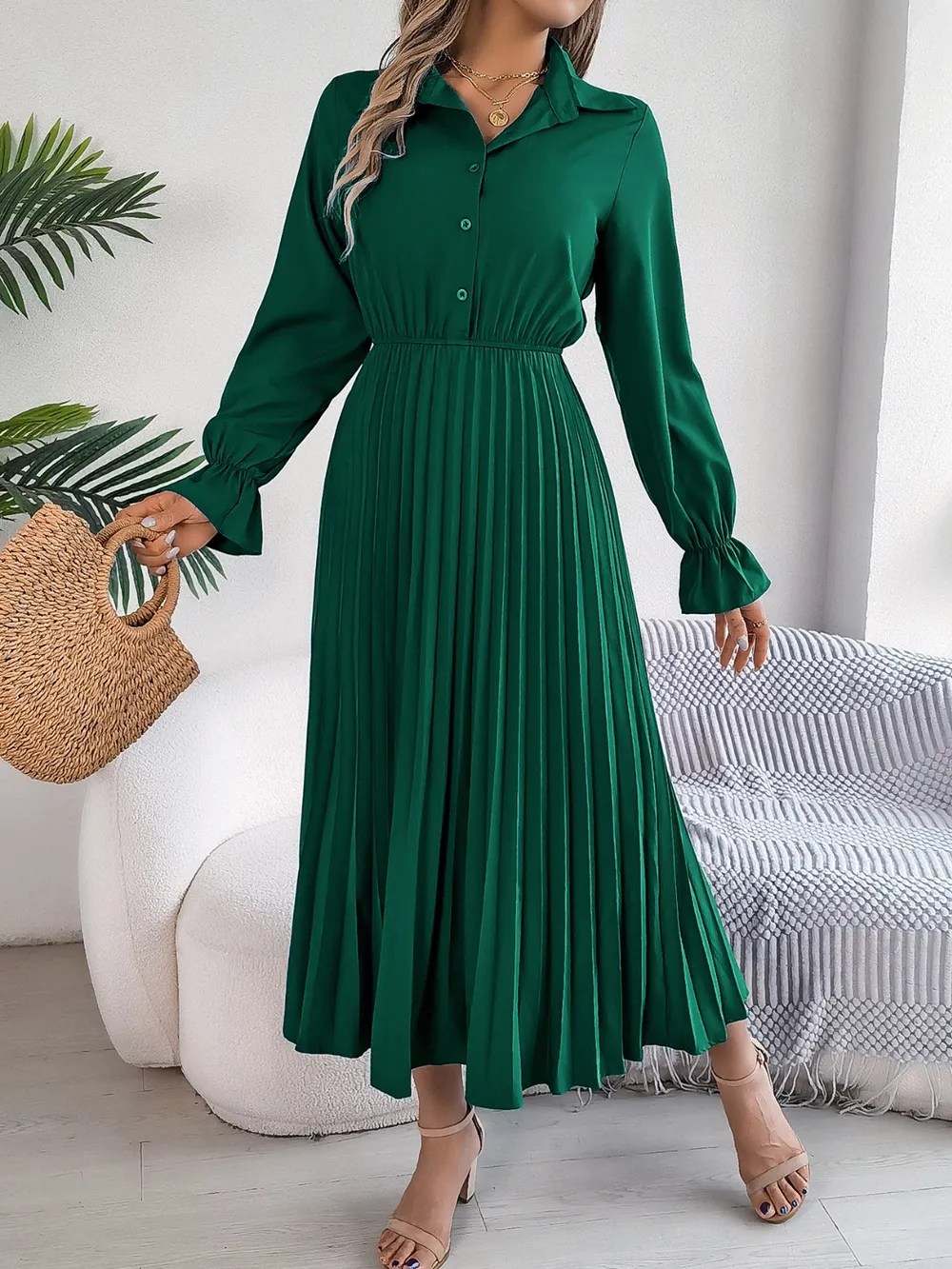 Pleated Half Button Long Sleeve Midi Dress, image 23