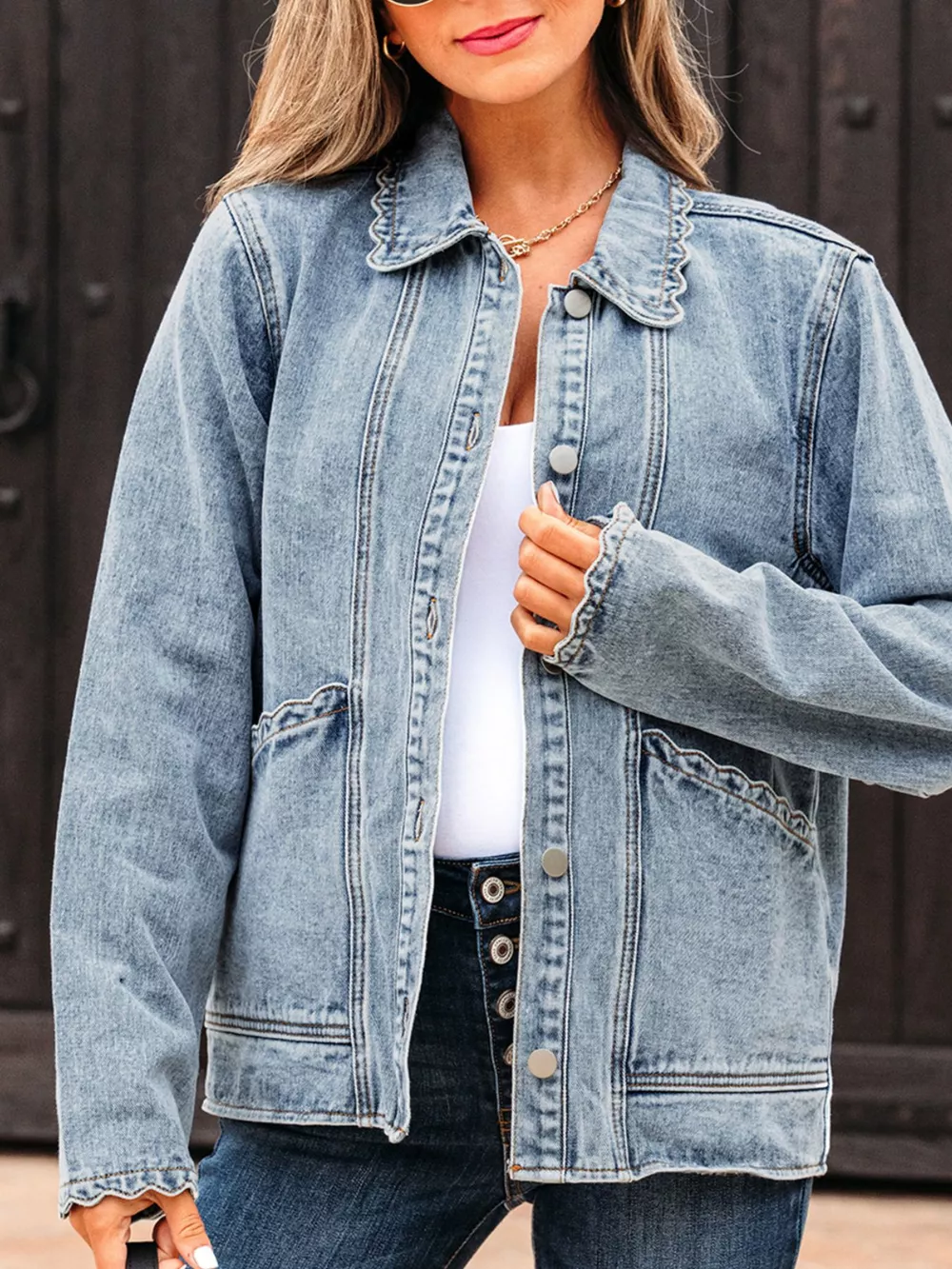 Scallop Trim Collar Patched Pocket Button Up Denim Jacket