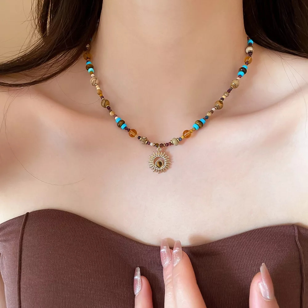 Multi-Color Beaded Sunflower Pendant Necklace, image 3