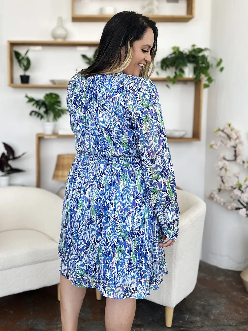 Full Size Printed Drawstring Waist Long Sleeve Dress, image 19