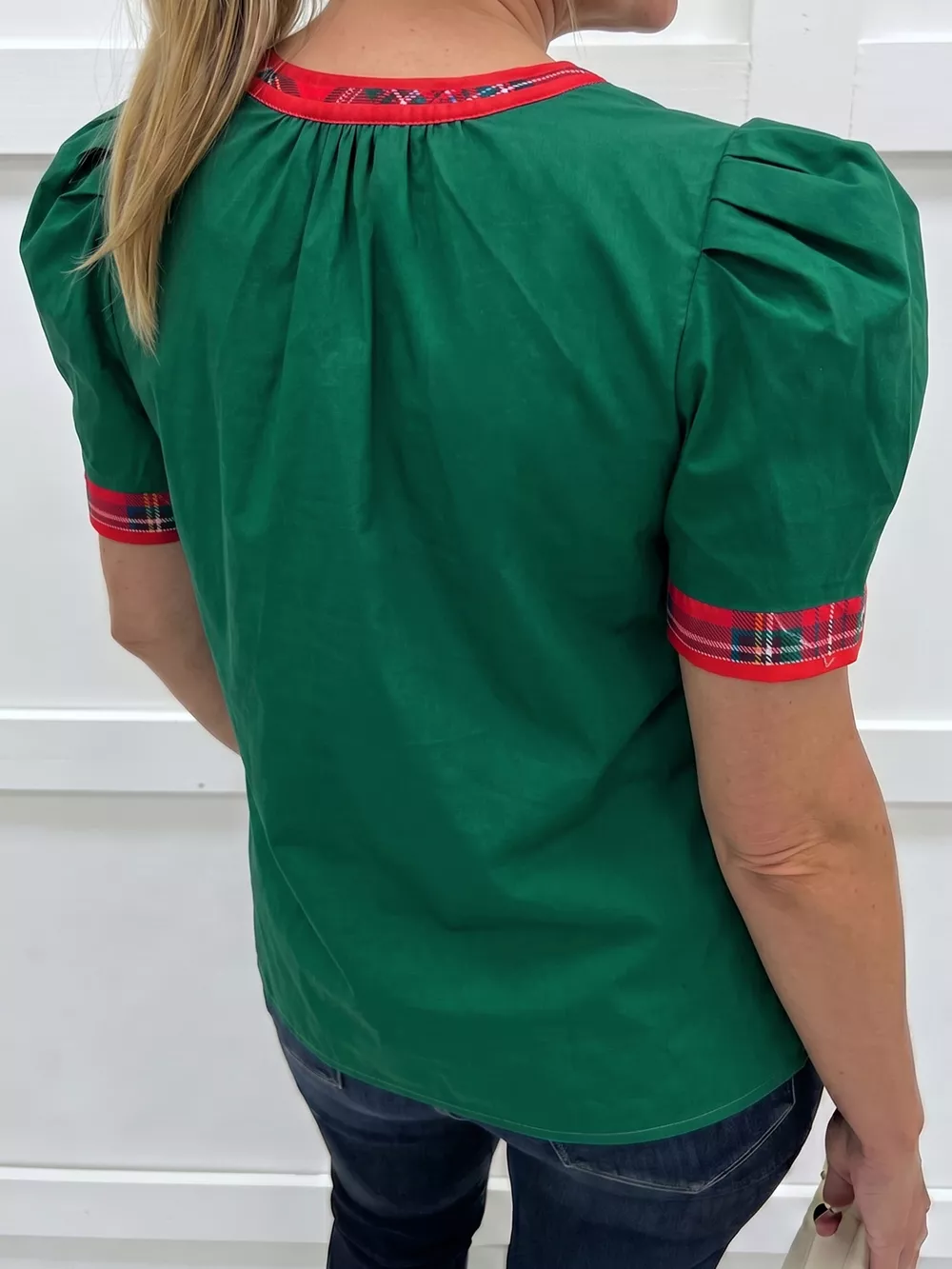 Plaid Trim V Neck Short Sleeve Shift Blouse, image 2