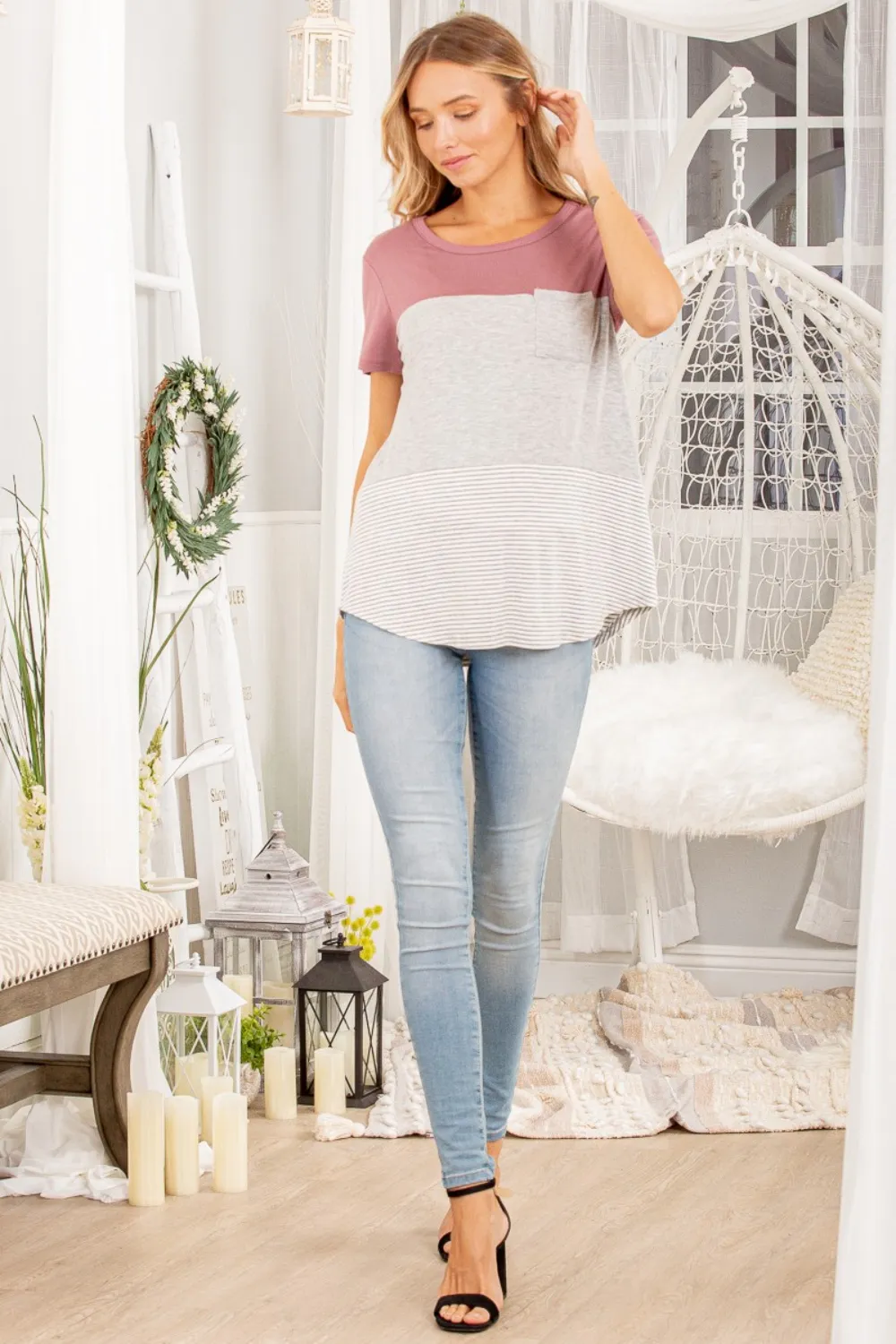 Color Block Striped Round Neck Short Sleeve T-Shirt, image 5