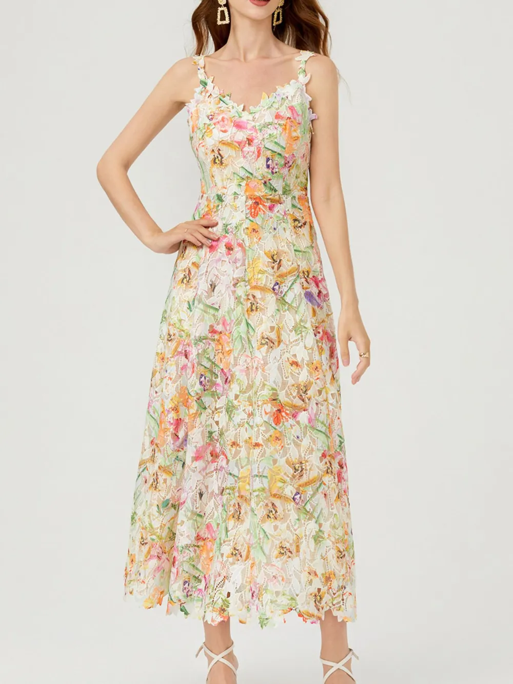 Floral Lace Sleeveless V-Neck Midi Dress, image 3