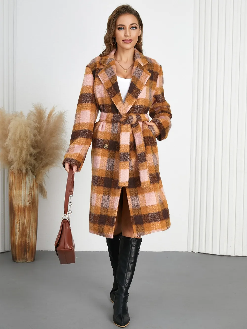 Tied Plaid Collared Neck Coat, image 9