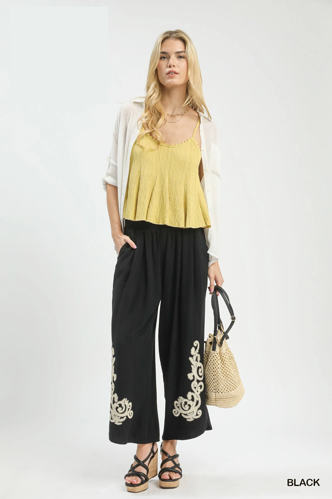 Linen Embroidered Wide-Leg Boho Pants, image 3
