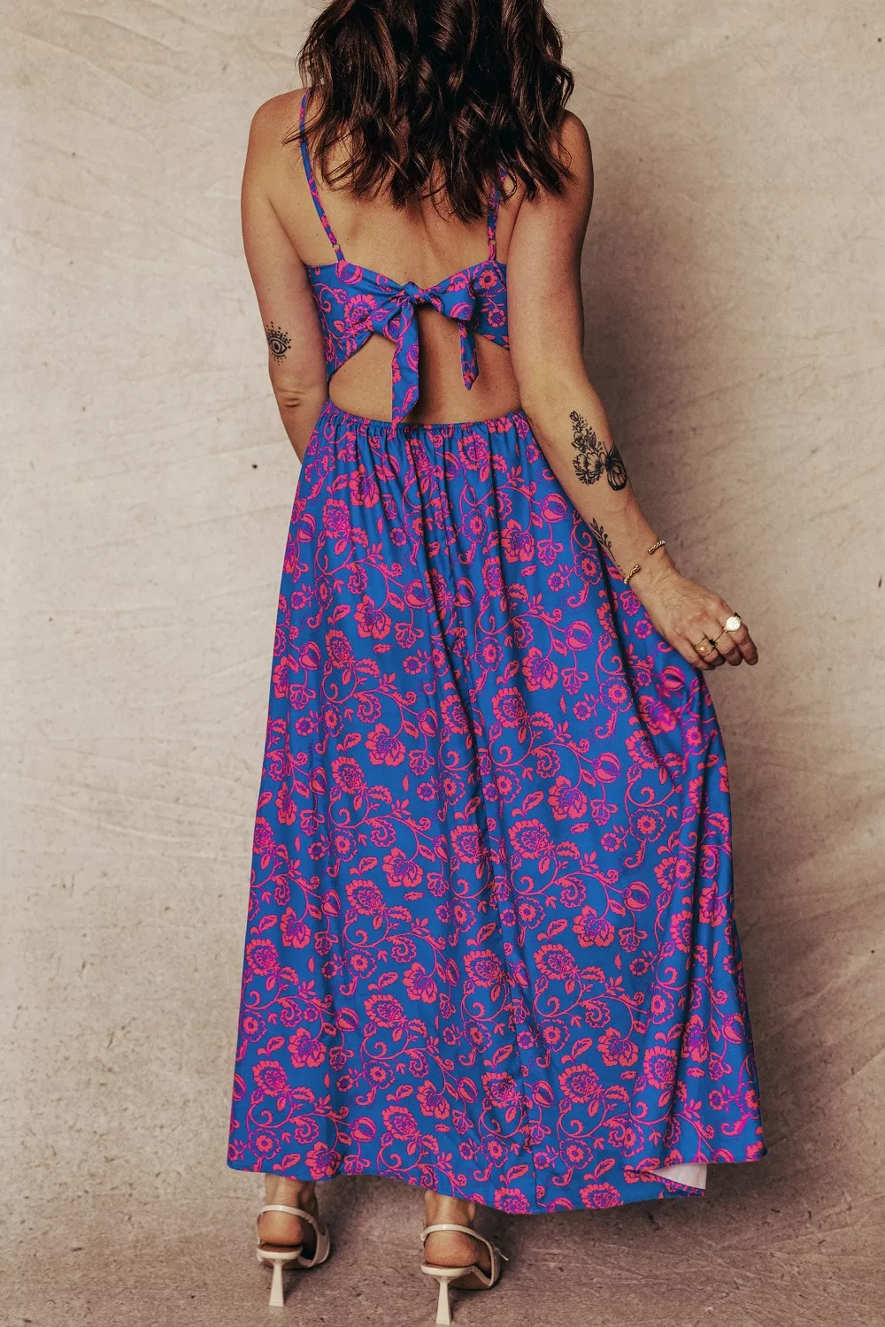 Floral Print Twisted V Neck Tied Backless Maxi Dress, image 2