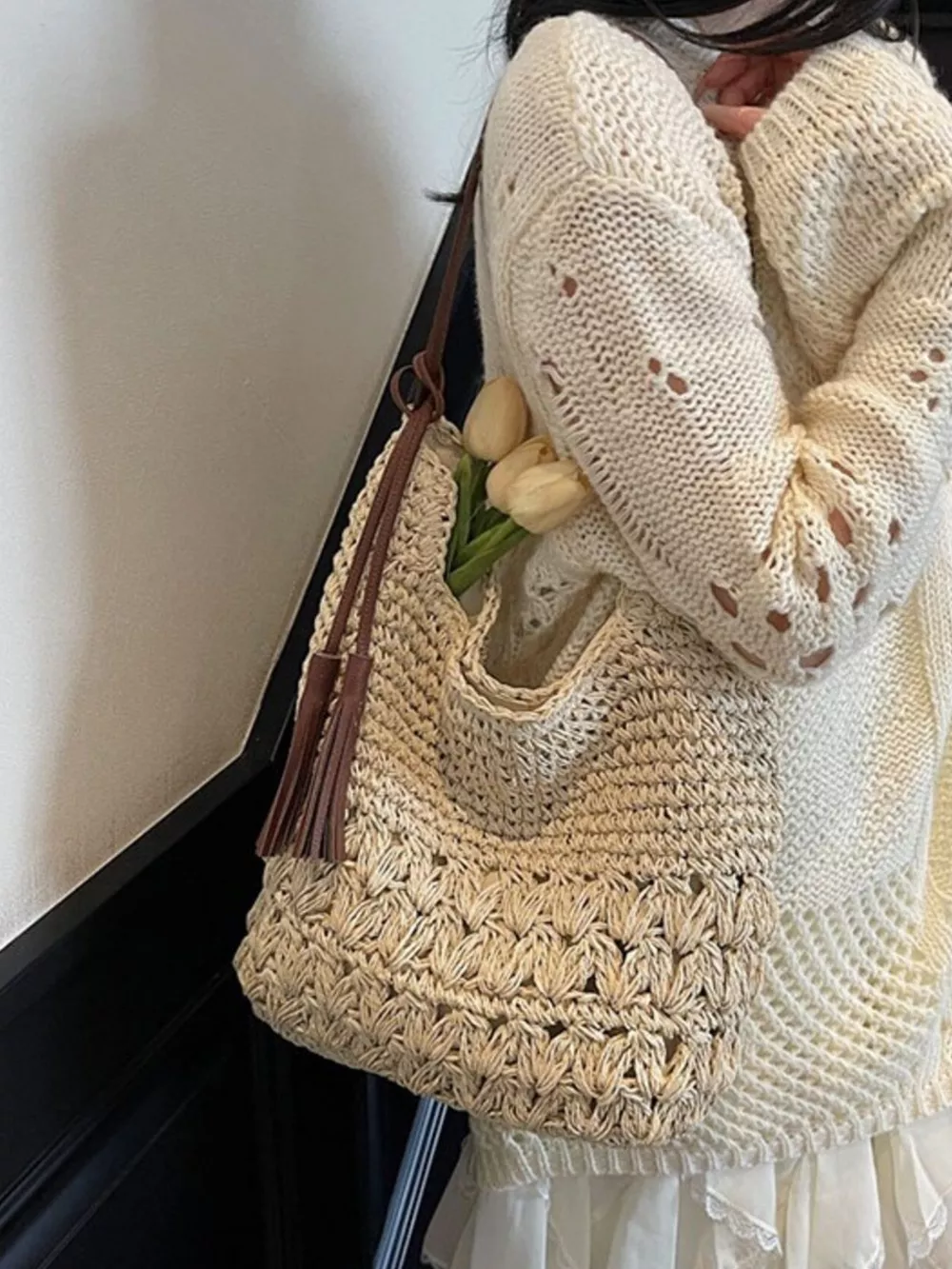 Woven Straw Shoulder Bag with Tassels, image 6