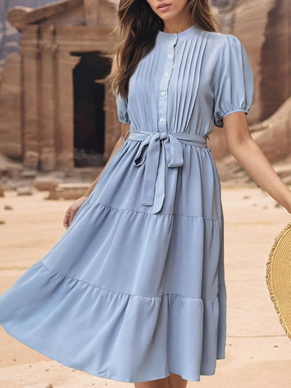 Tie Waist Puff Sleeve Midi Dress, image 4
