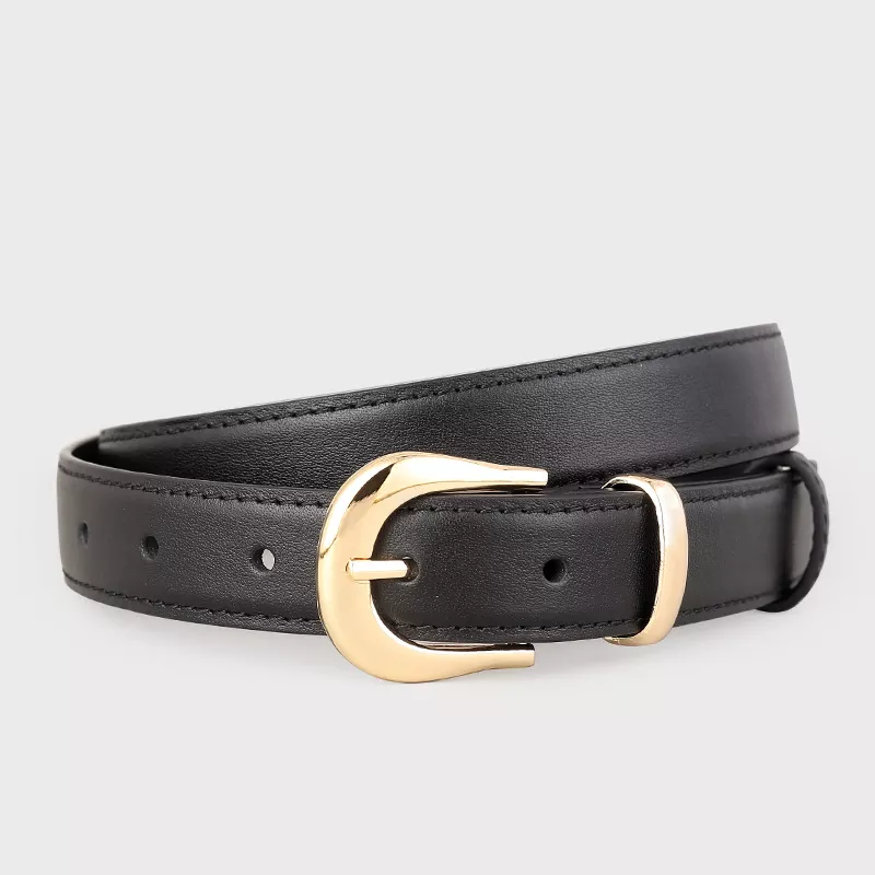 Leather Skinny Belt with Golden Buckle