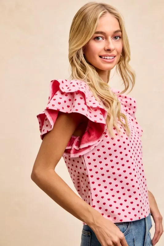 Heart Patterned Knit Ruffled Sleeves Top, image 7