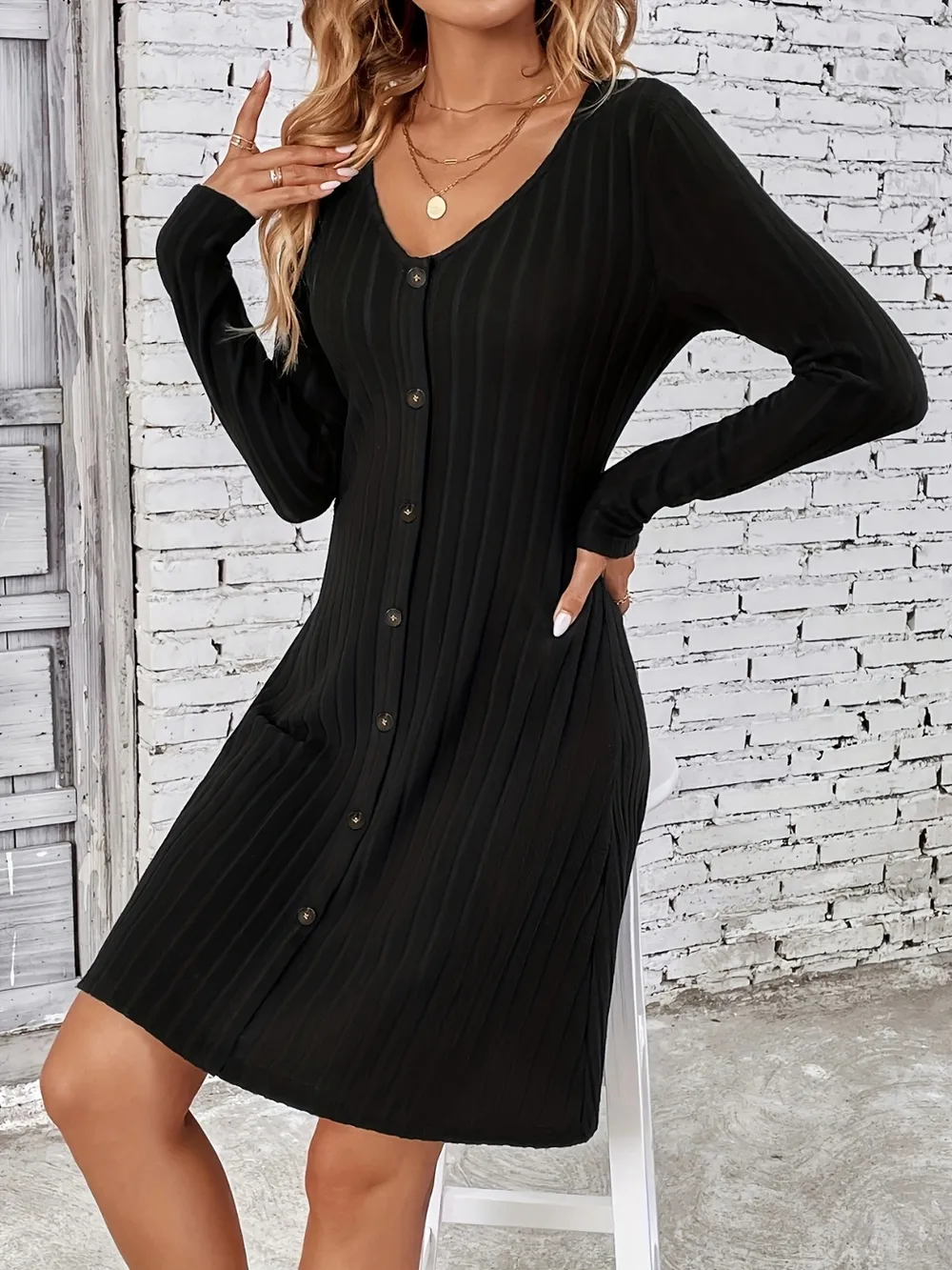 V-Neck Long Sleeve Mini Dress, image 3