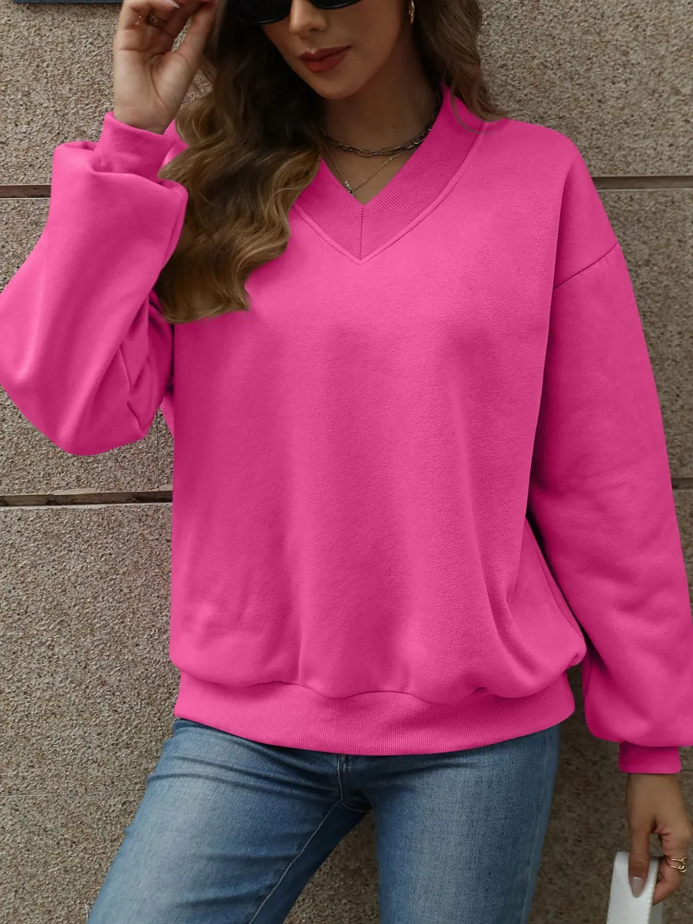 V-Neck Long Sleeve Dropped Shoulder Sweatshirt, image 5