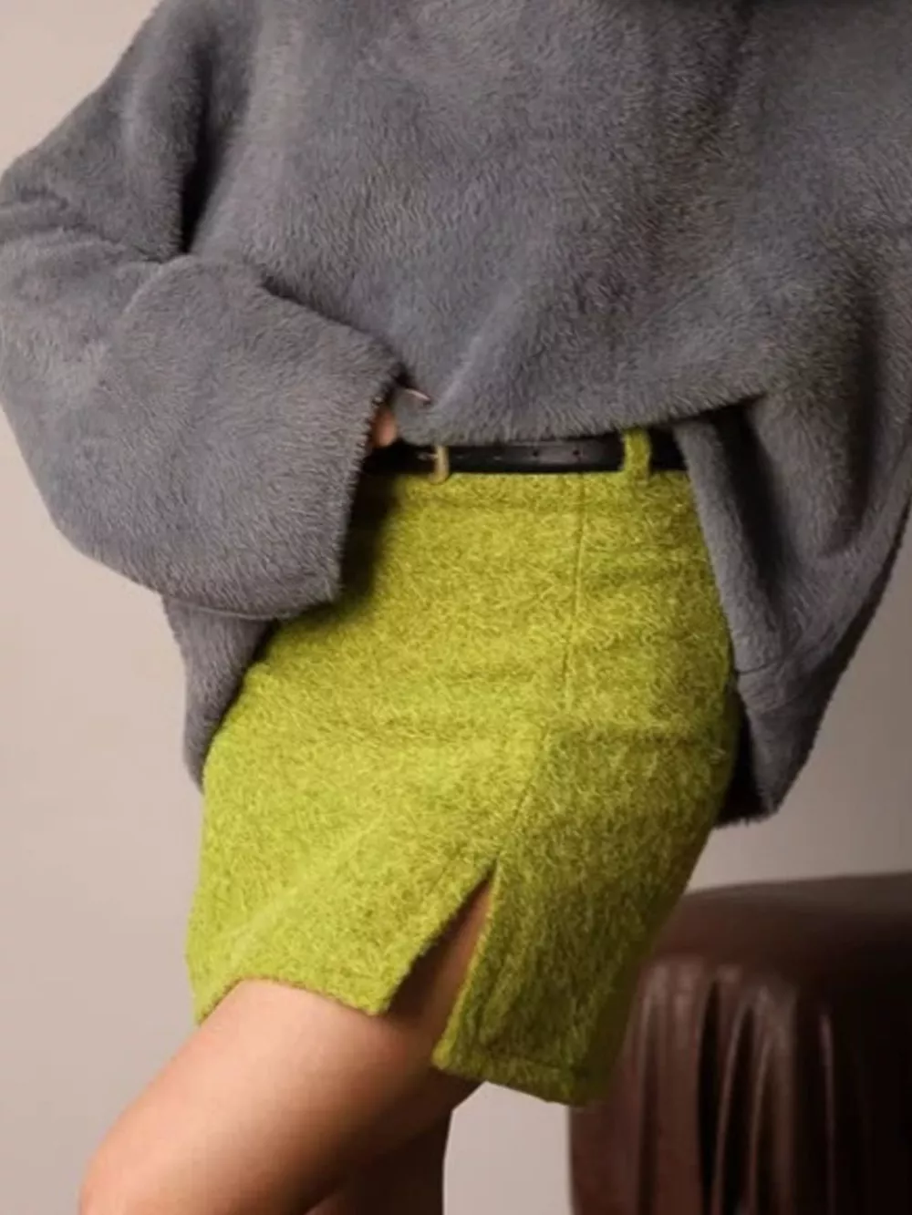 Textured Mini Skirt with Front Slit, image 4