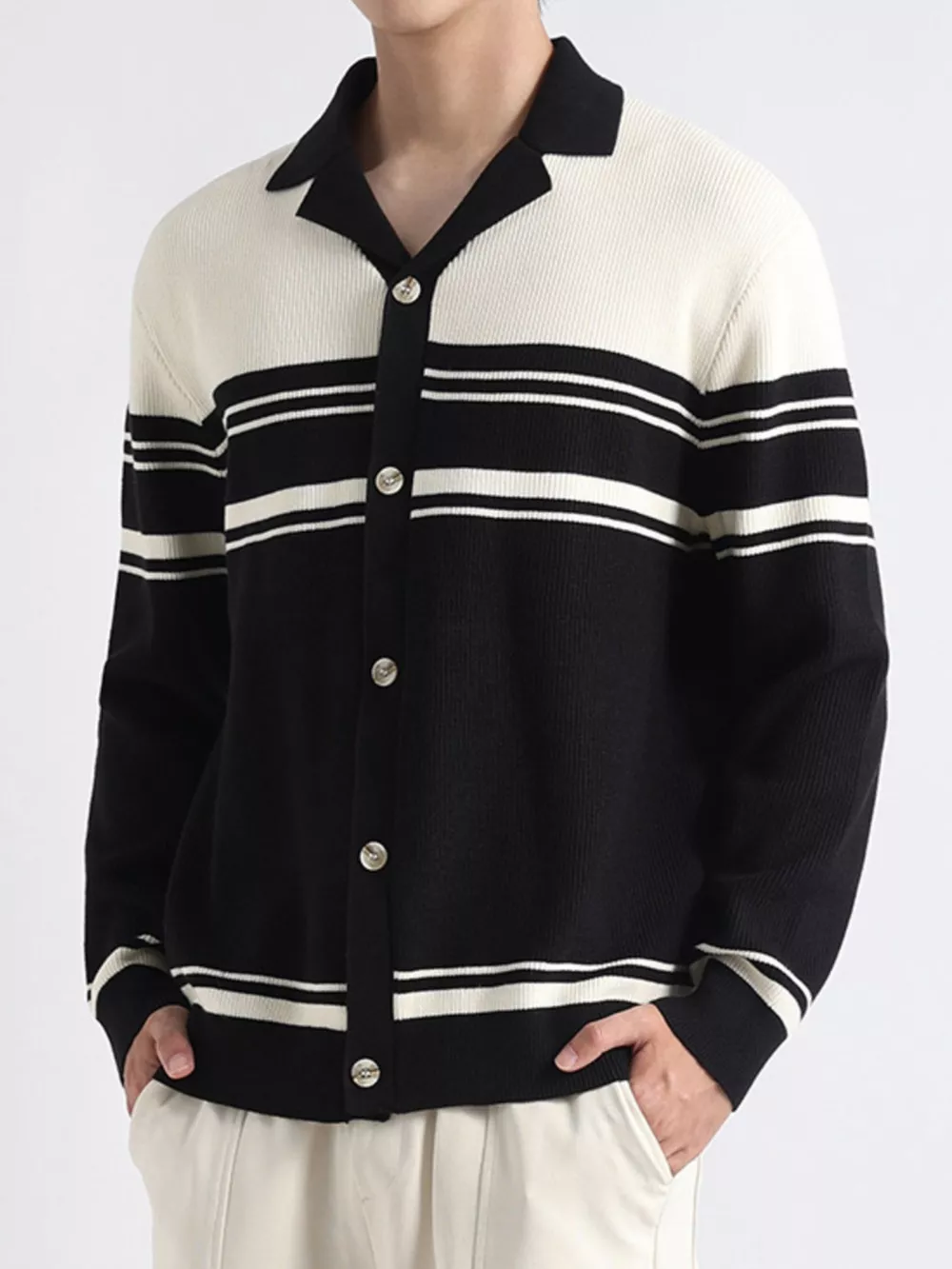 Men's Plus Size Contrast Striped Button-Down Cardigan, image 3