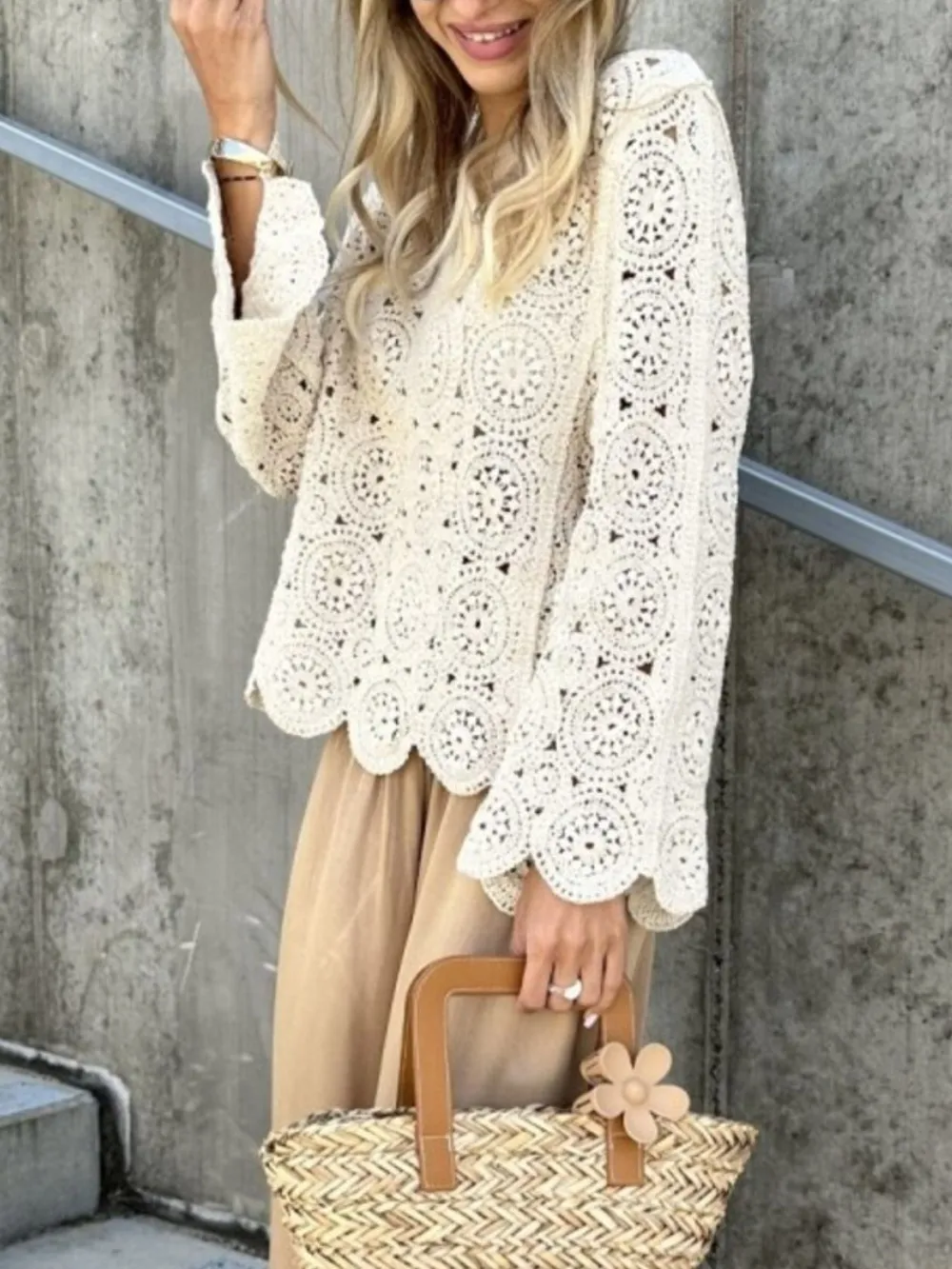 Crochet Lace V-Neck Bell Sleeve Knit Top, image 9