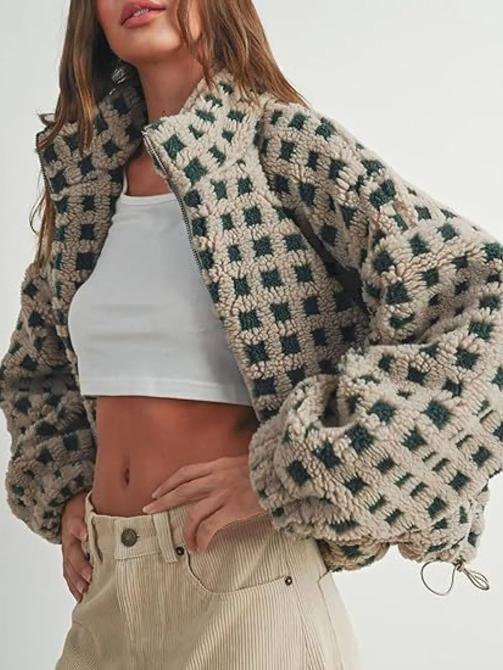 Plaid Zip Up Sherpa Jacket