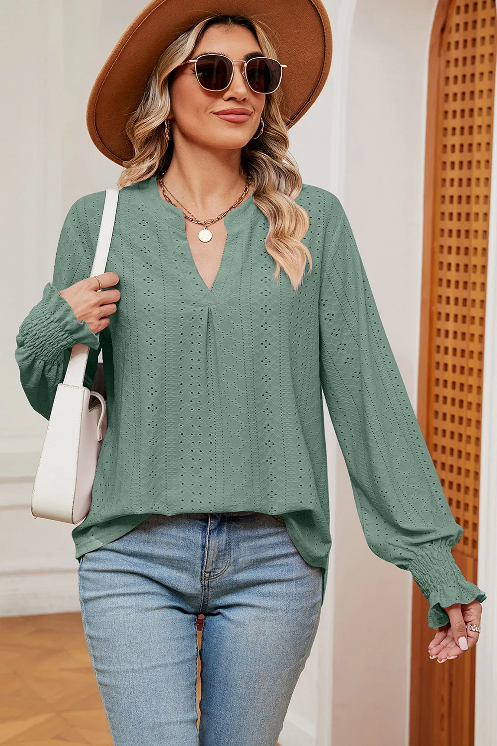 Eyelet Notched Long Sleeve T-Shirt, image 19