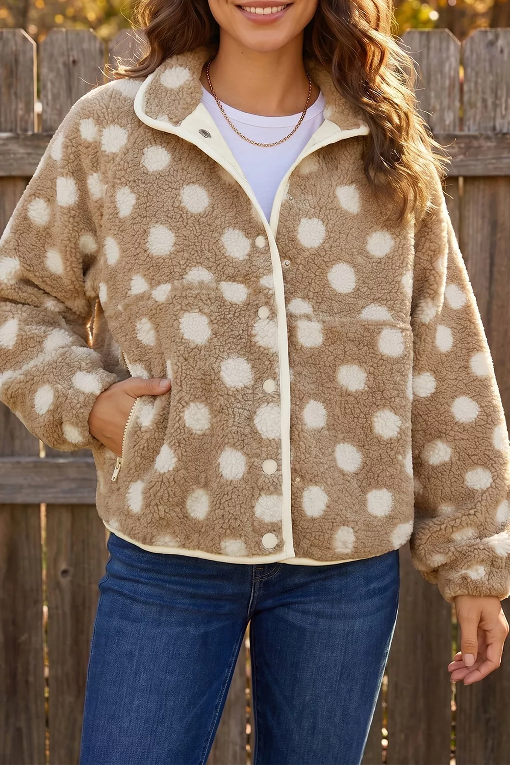 Polka Dot Faux Fur Metal Button Placket Shift Silhouette Jacket, image 2