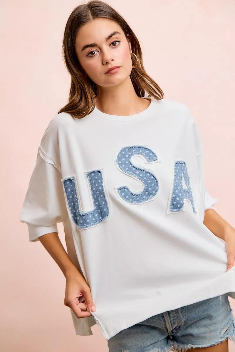 4th Of July Usa Letter Patchwork French Terry Top, image 2