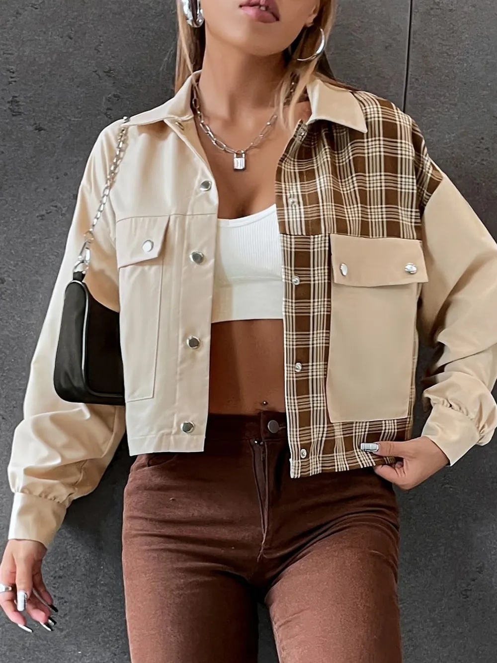 Snap Down Color Block Plaid Jacket, image 5