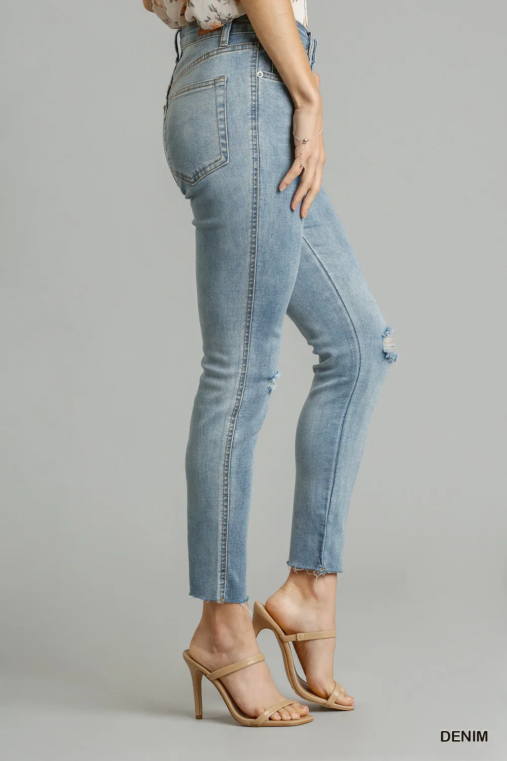 5-Pockets Distressed Detail Stretch Denim Skinny Jeans with Unfinished Hem, image 3