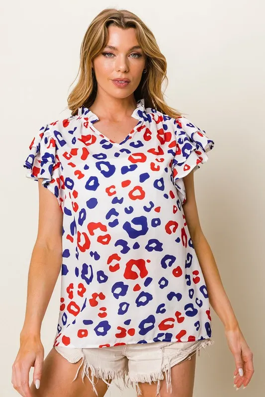 Leopard Notched Ruffled Cap Sleeve Blouse, image 2