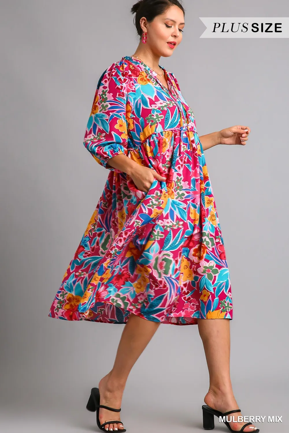 Full Size Floral Print Tie Neck Midi Dress with Pockets Plus Size, image 9