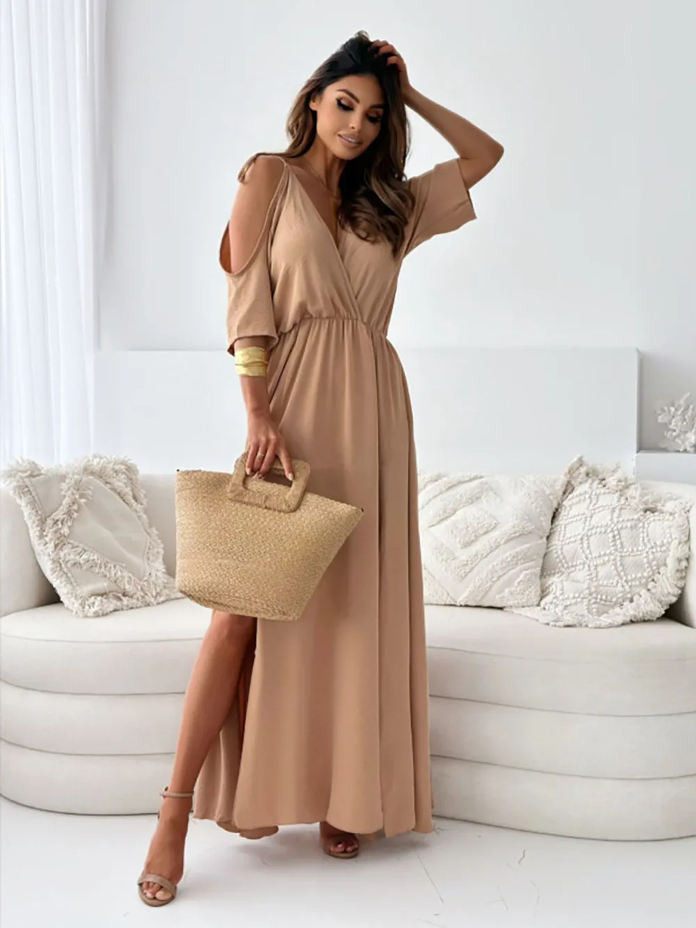 Tied Shoulder Slit Maxi Dress, image 13