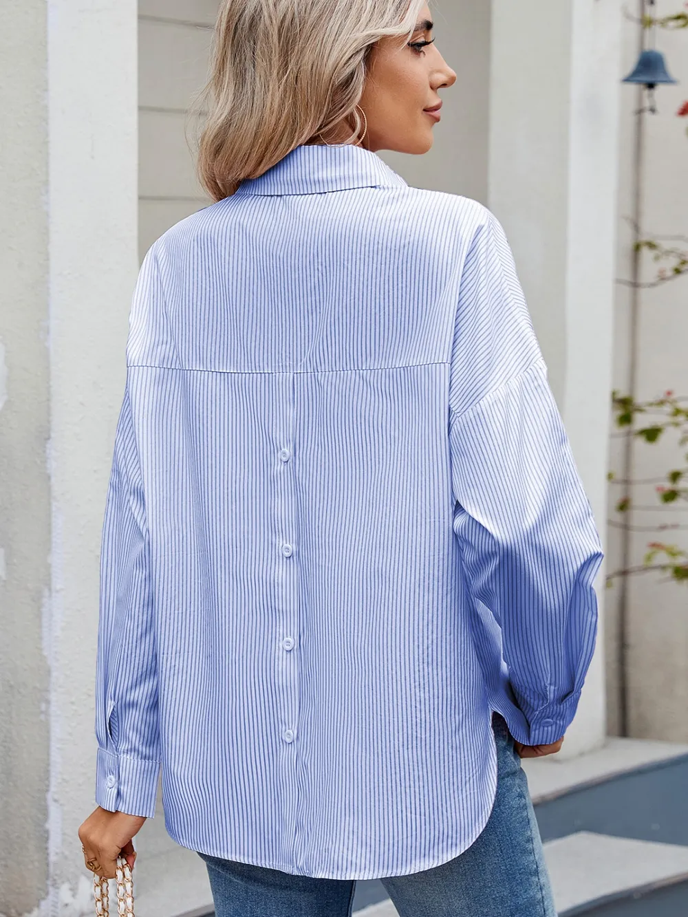Striped Collared Neck Button Down Long Sleeve Shirt, image 12