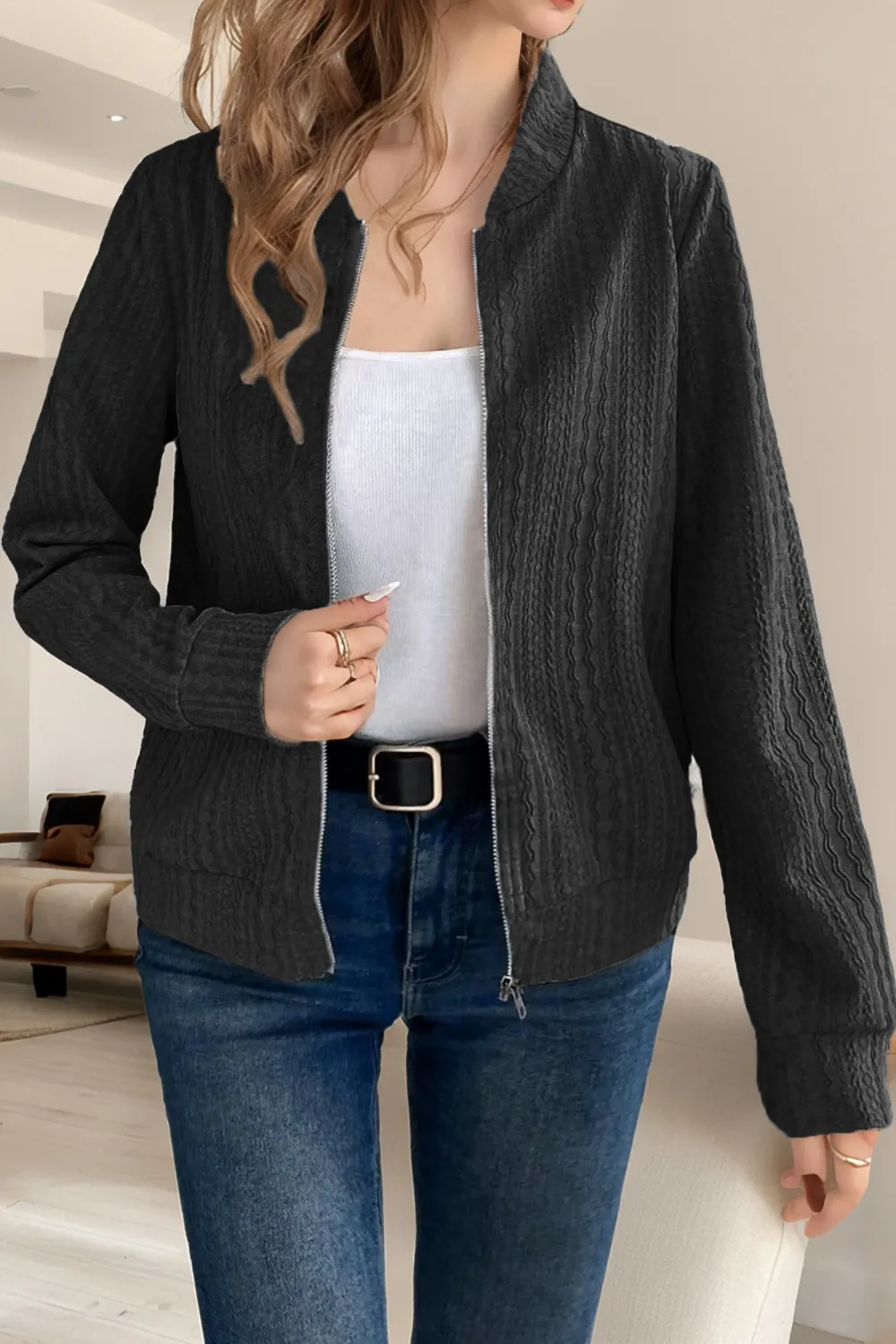 Baseball Collar Zip Up Long Sleeve Jacket, image 6