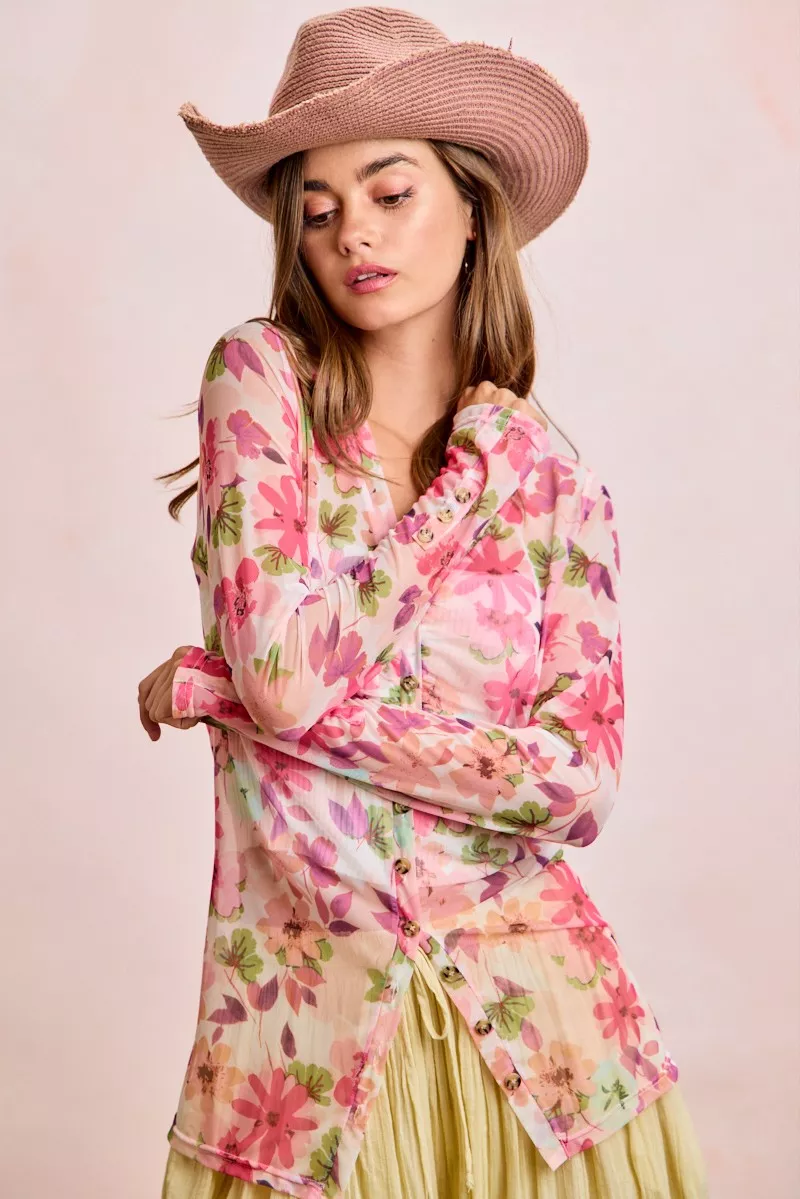 BiBi Floral Shrried Detail Button Up Mesh Cardigan Top, image 13