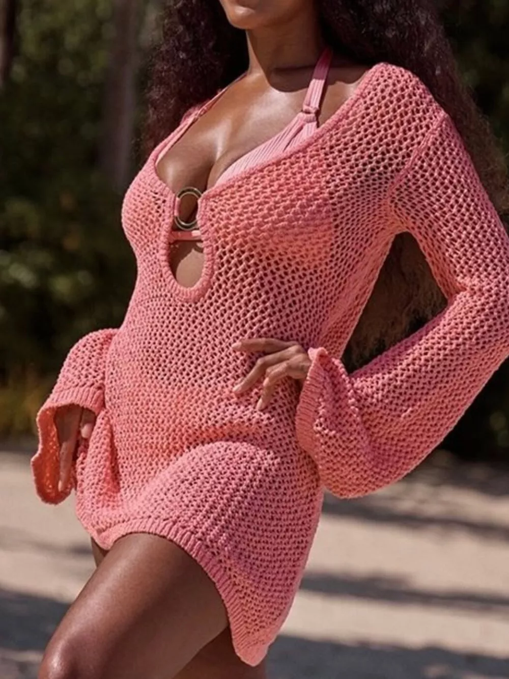 Long Sleeve Crochet Knit Cover Up Dress, image 3