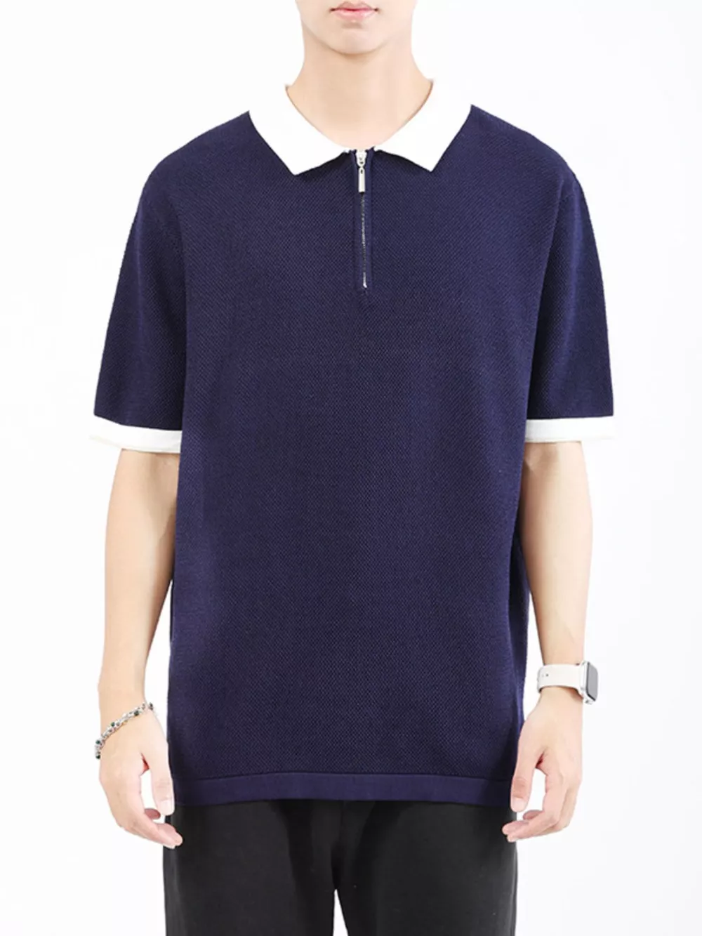 Men's Plus Size Textured Knit Polo with Zipper, image 5