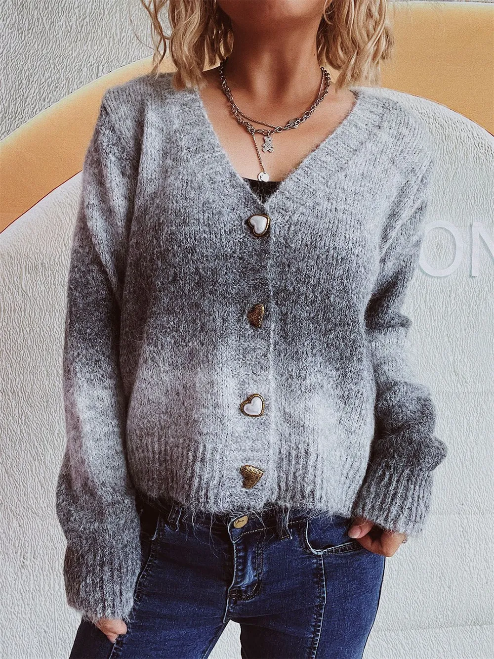 Gradient Heart Shape Button V-Neck Cardigan, image 14