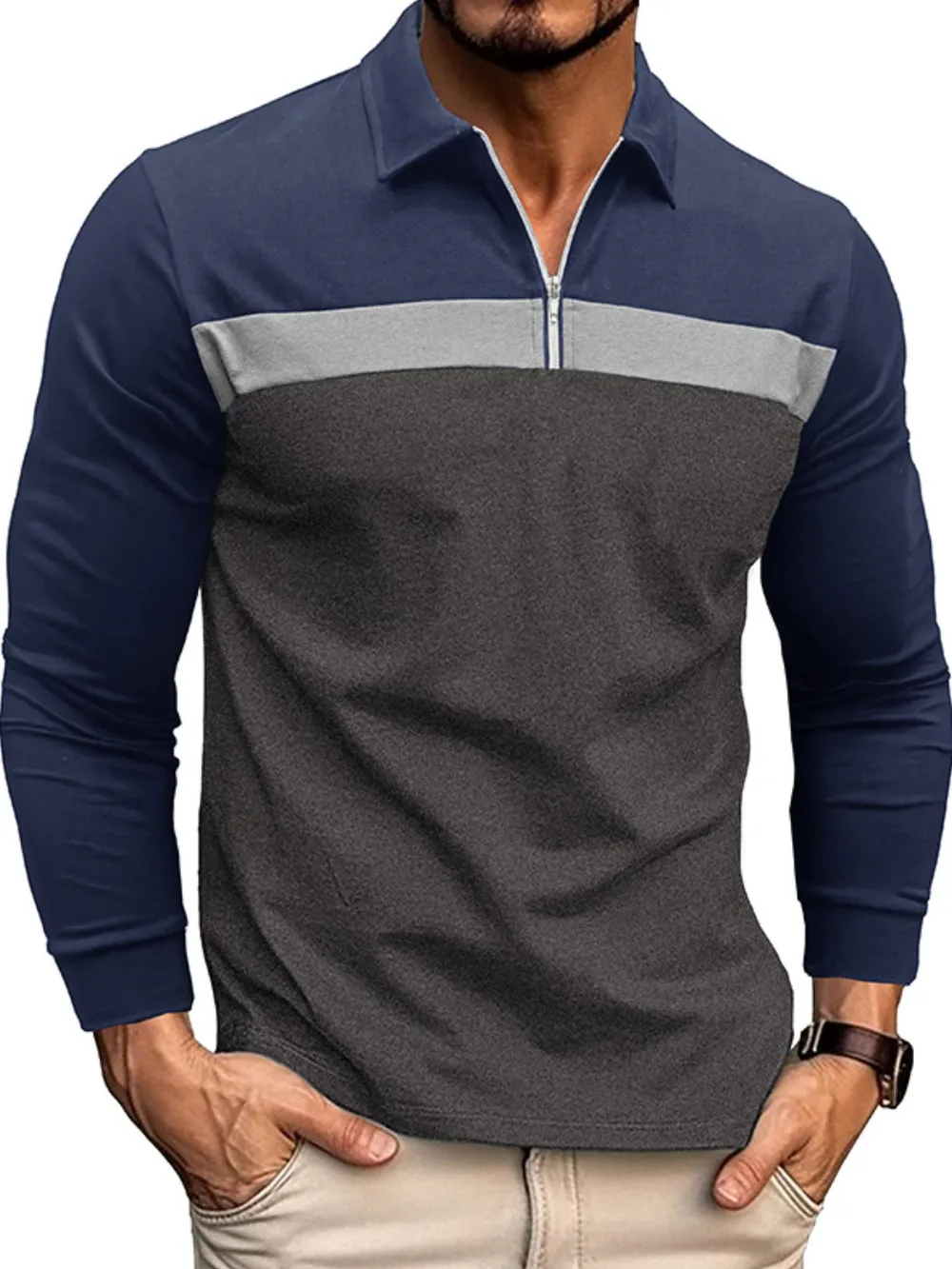 Men's Color Block Long Sleeve Polo Shirt, image 9