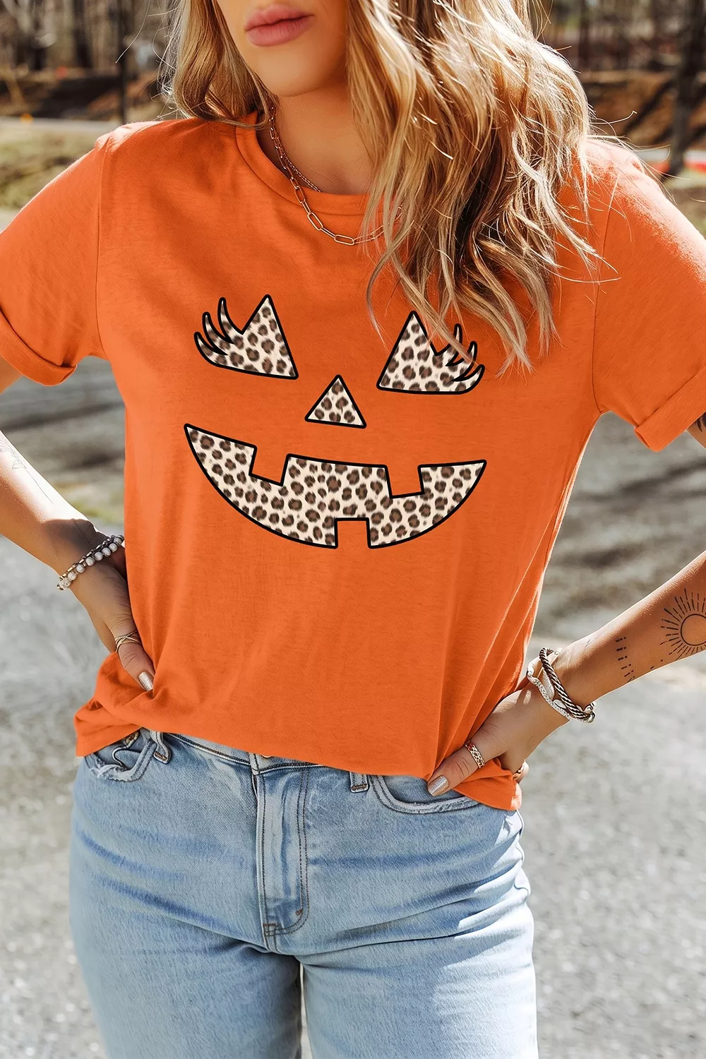 Halloween Pumpkin Face Leopard Graphic T-Shirt, image 2