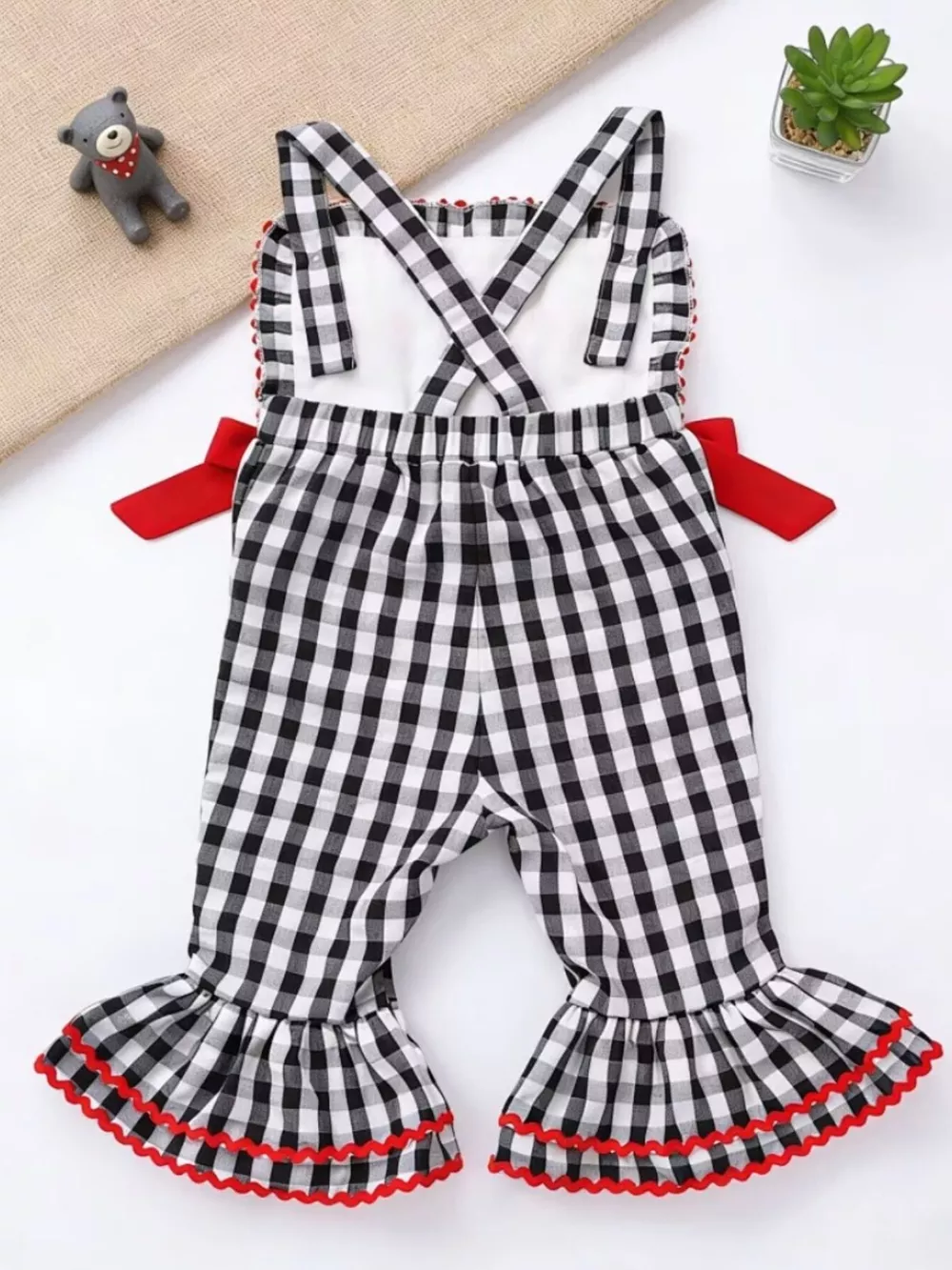 Children's Gingham Soccer Ball Embroidered Ruffle Hem Jumpsuit, image 5