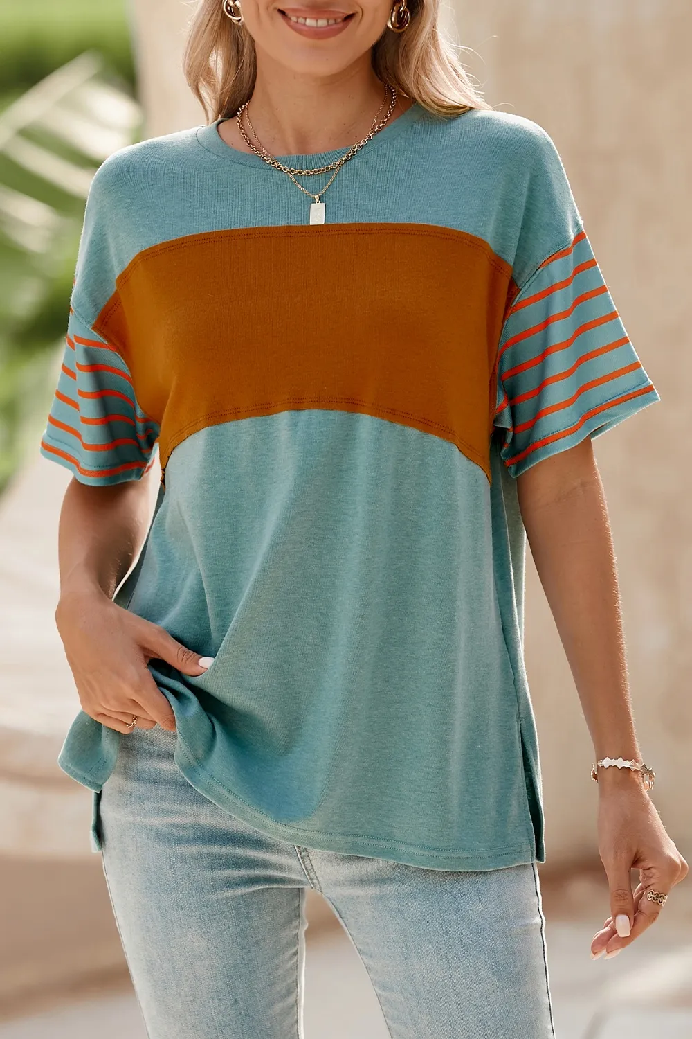Striped Round Neck Short Sleeve T-Shirt, image 17