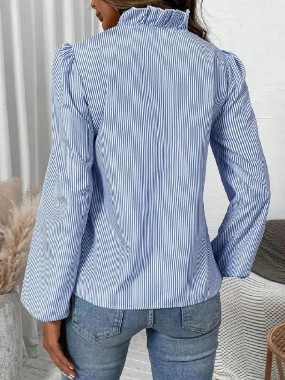 Frill Striped V-Neck Long Sleeve Blouse, image 2