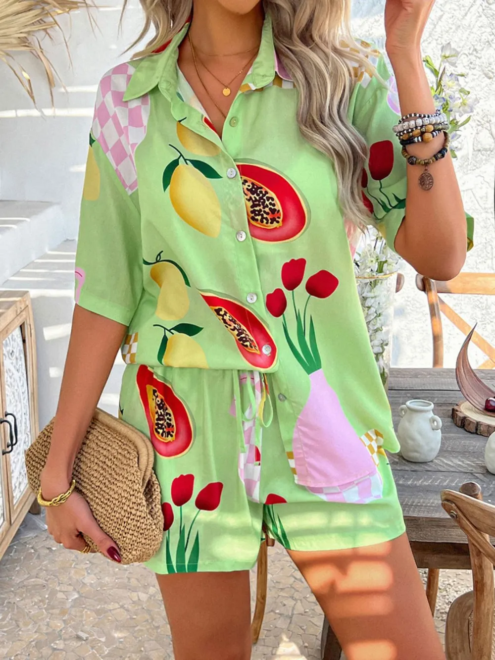 Printed Button Down Shirt and Shorts Set, image 27