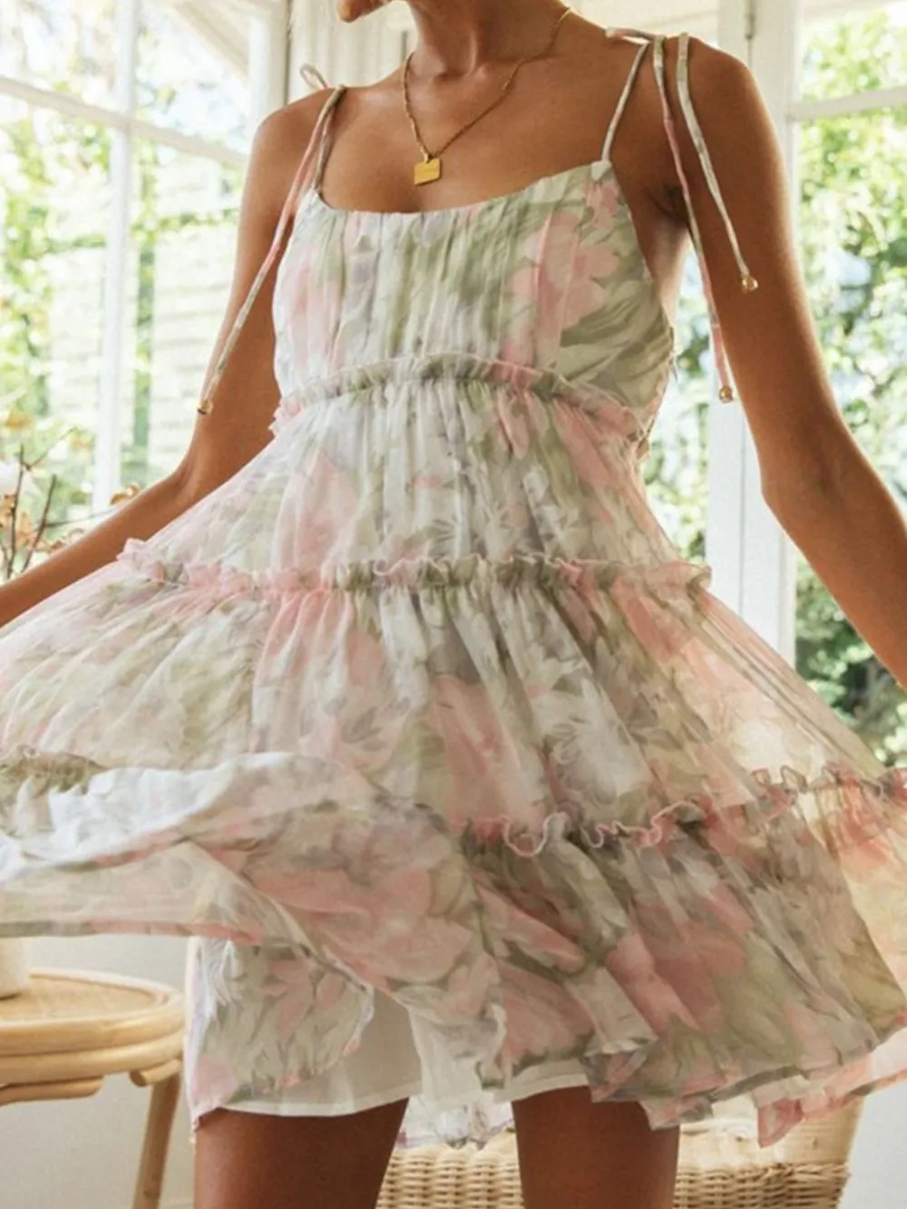 Frill Printed Square Neck Mini Cami Dress, image 13