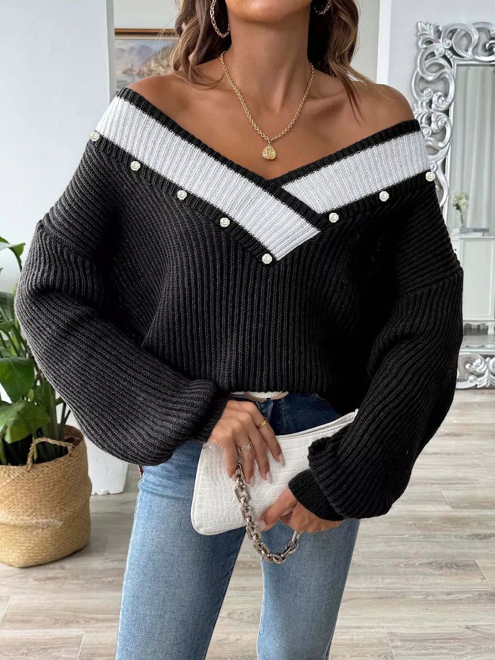 V-Neck Button-Decorated Sweater, image 10