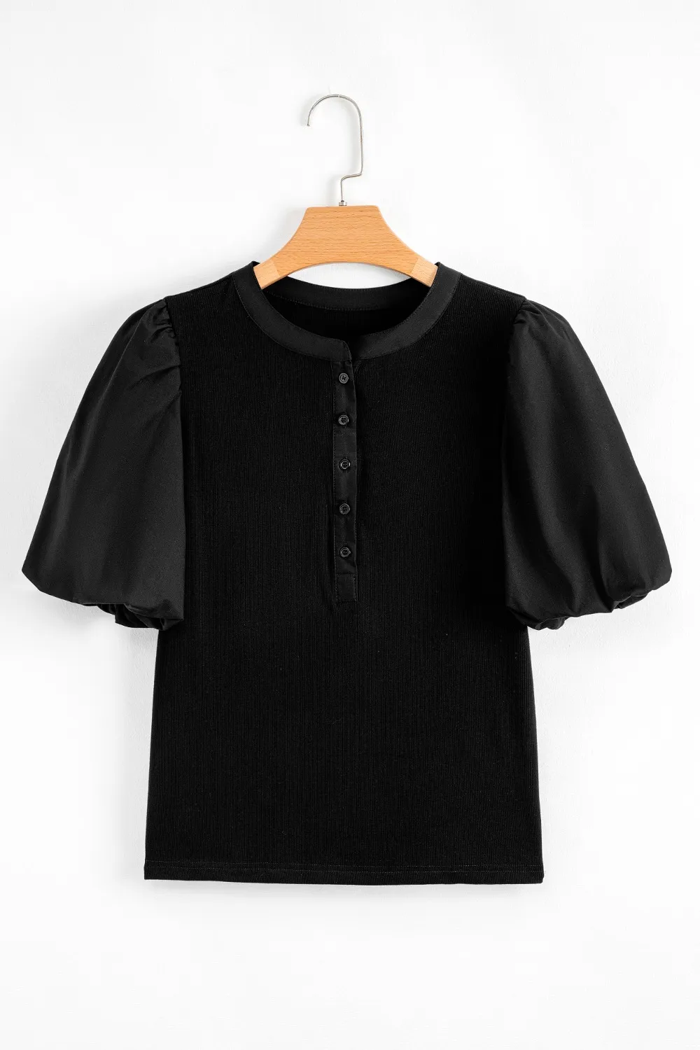 Ribbed Patchwork Puff Sleeve Half Button Placket Slim Fit Top, image 10