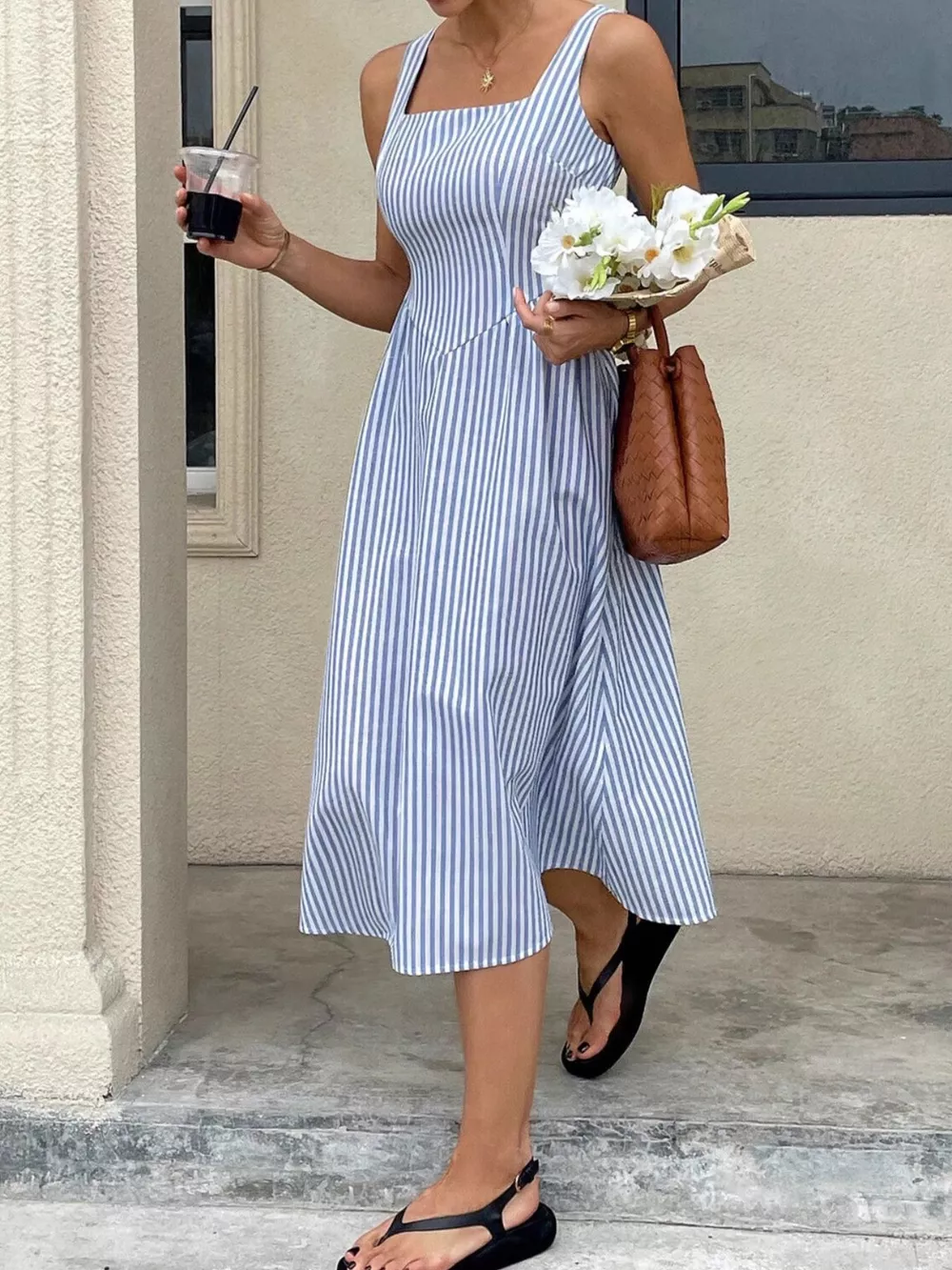 Striped Square Neck Midi Dress, image 19
