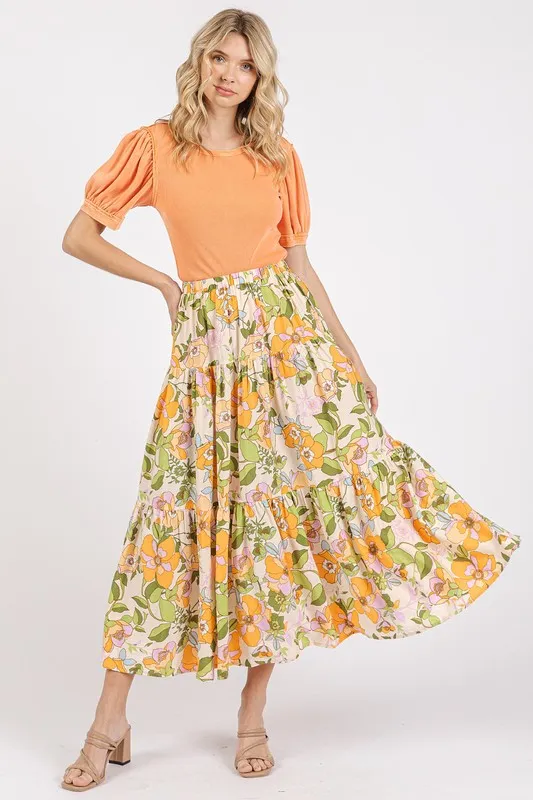 Flower Print Elastic Waist Tiered Skirt, image 4