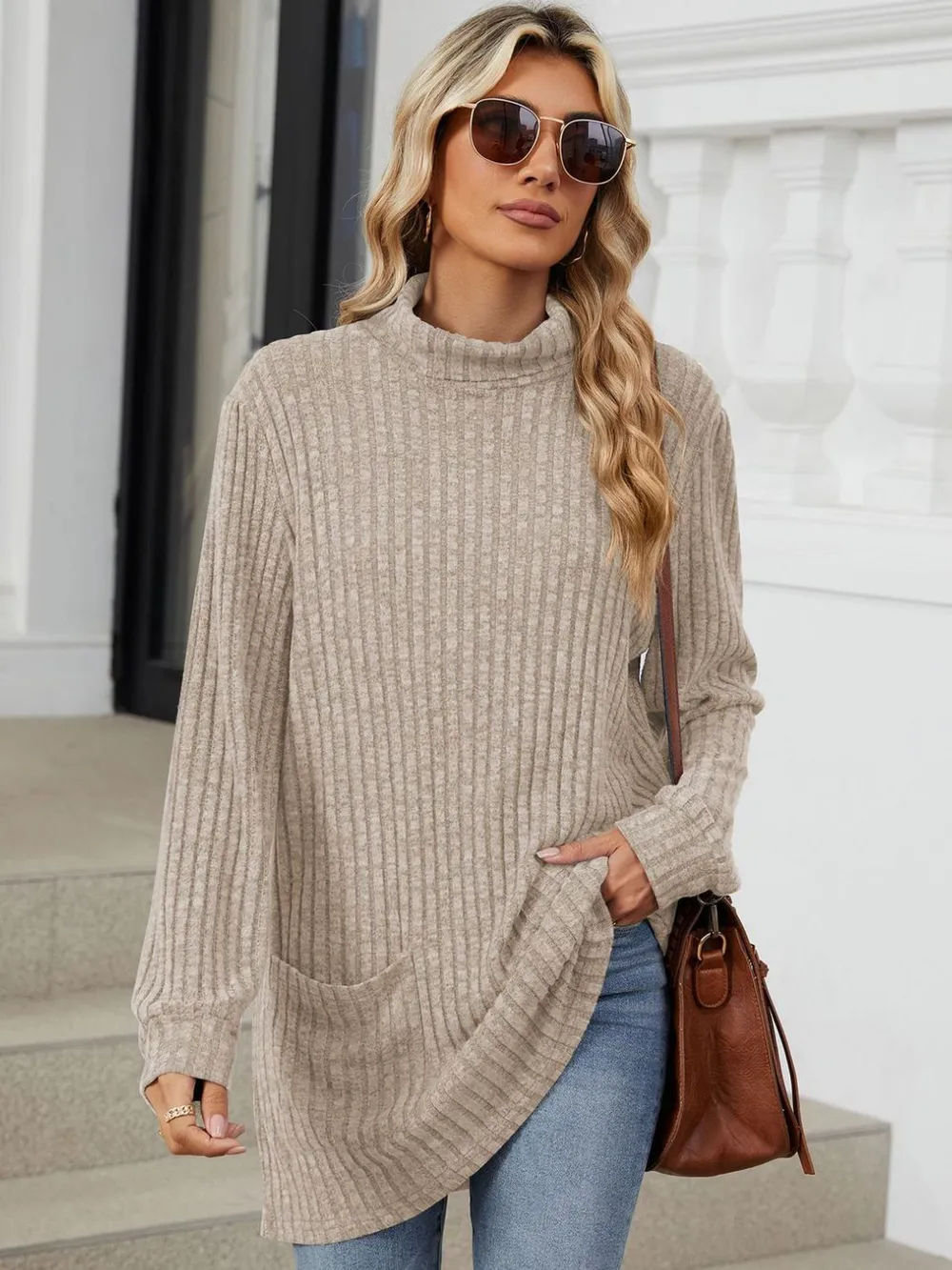 Ribbed Mock Neck Long Sleeve T-Shirt, image 15