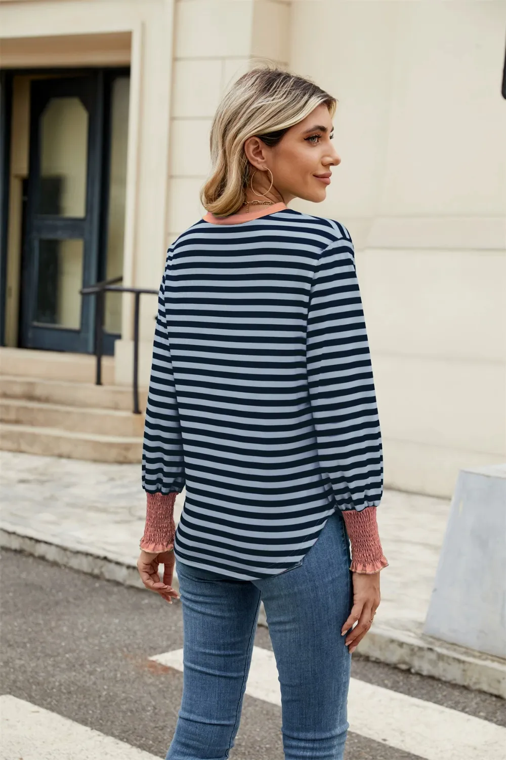 Contrast Striped Notched Long Sleeve Top, image 20