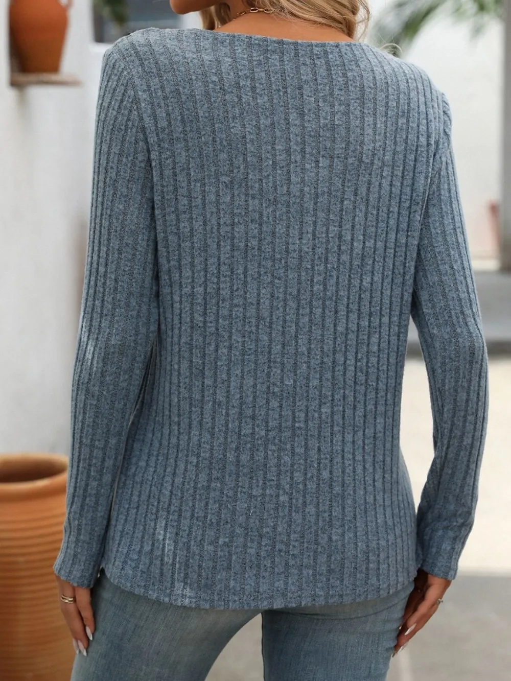 Ribbed V-Neck Long Sleeve T-Shirt, image 3