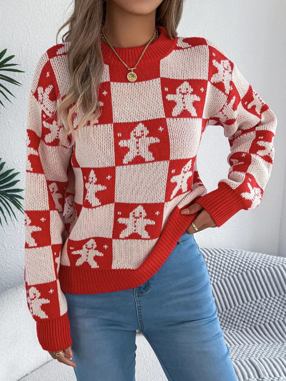 Christmas Checkerboard Gingerbread Round Neck Sweater, image 8